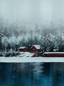 Preview wallpaper houses, river, forest, snow, winter, art