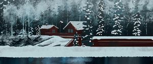 Preview wallpaper houses, river, forest, snow, winter, art