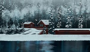 Preview wallpaper houses, river, forest, snow, winter, art