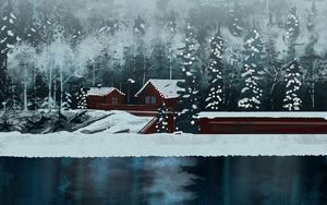 Preview wallpaper houses, river, forest, snow, winter, art