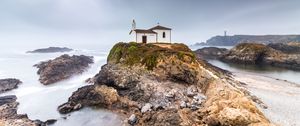 Preview wallpaper houses, rocks, cliff, ocean, water, nature