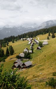 Preview wallpaper houses, roofs, slope, trees, mountains, nature