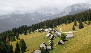 Preview wallpaper houses, roofs, slope, trees, mountains, nature