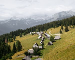 Preview wallpaper houses, roofs, slope, trees, mountains, nature