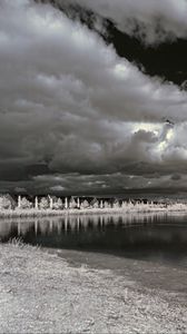 Preview wallpaper houses, shore, lake, clouds, bw