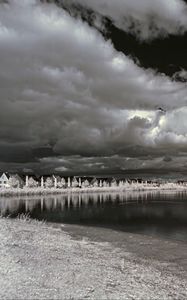 Preview wallpaper houses, shore, lake, clouds, bw
