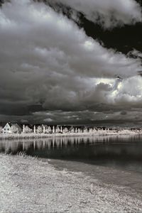 Preview wallpaper houses, shore, lake, clouds, bw