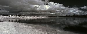 Preview wallpaper houses, shore, lake, clouds, bw