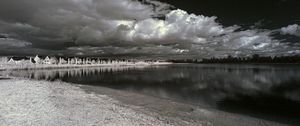 Preview wallpaper houses, shore, lake, clouds, bw
