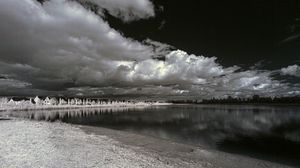 Preview wallpaper houses, shore, lake, clouds, bw