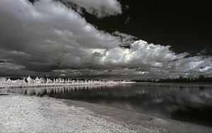 Preview wallpaper houses, shore, lake, clouds, bw