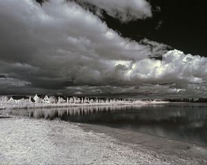Preview wallpaper houses, shore, lake, clouds, bw