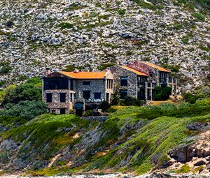 Preview wallpaper houses, shore, sea, slope, stones