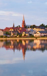 Preview wallpaper houses, tower, buildings, lake, reflection