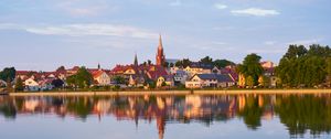 Preview wallpaper houses, tower, buildings, lake, reflection