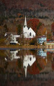 Preview wallpaper houses, tower, buildings, trees, reflection, lake