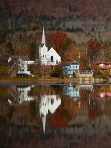 Preview wallpaper houses, tower, buildings, trees, reflection, lake