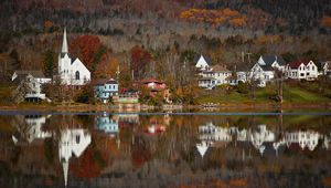 Preview wallpaper houses, tower, buildings, trees, reflection, lake