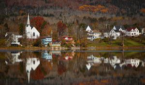 Preview wallpaper houses, tower, buildings, trees, reflection, lake