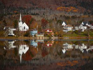 Preview wallpaper houses, tower, buildings, trees, reflection, lake