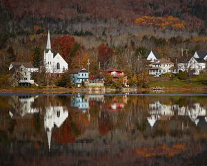 Preview wallpaper houses, tower, buildings, trees, reflection, lake