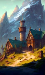 Preview wallpaper houses, tower, mountains, slope, art