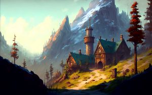 Preview wallpaper houses, tower, mountains, slope, art