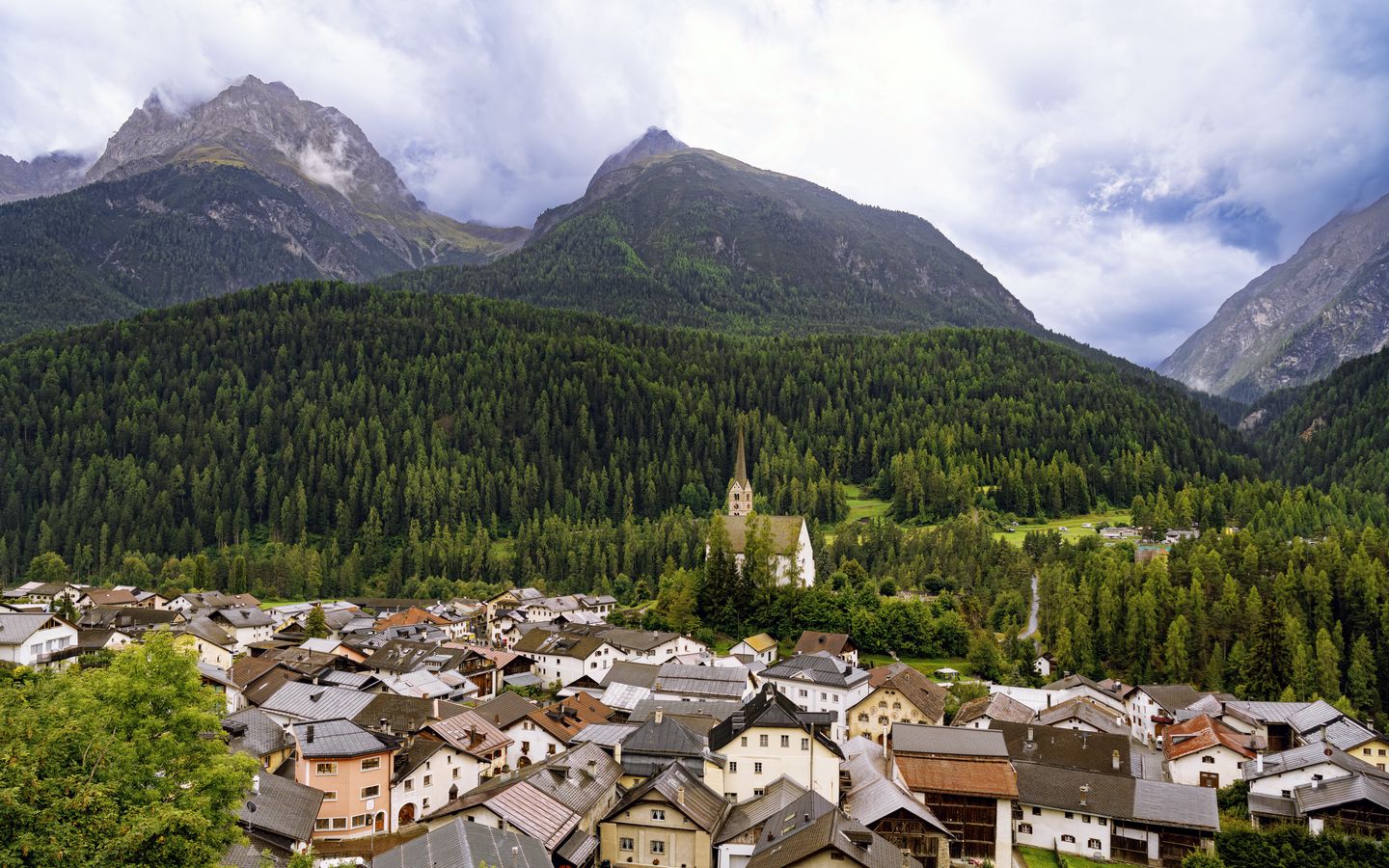 1440x900 Wallpaper houses, trees, forest, mountains, hills, view
