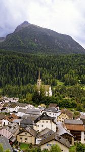 Preview wallpaper houses, trees, forest, mountains, hills, view