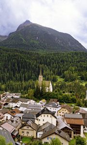Preview wallpaper houses, trees, forest, mountains, hills, view