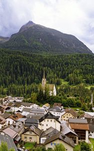 Preview wallpaper houses, trees, forest, mountains, hills, view
