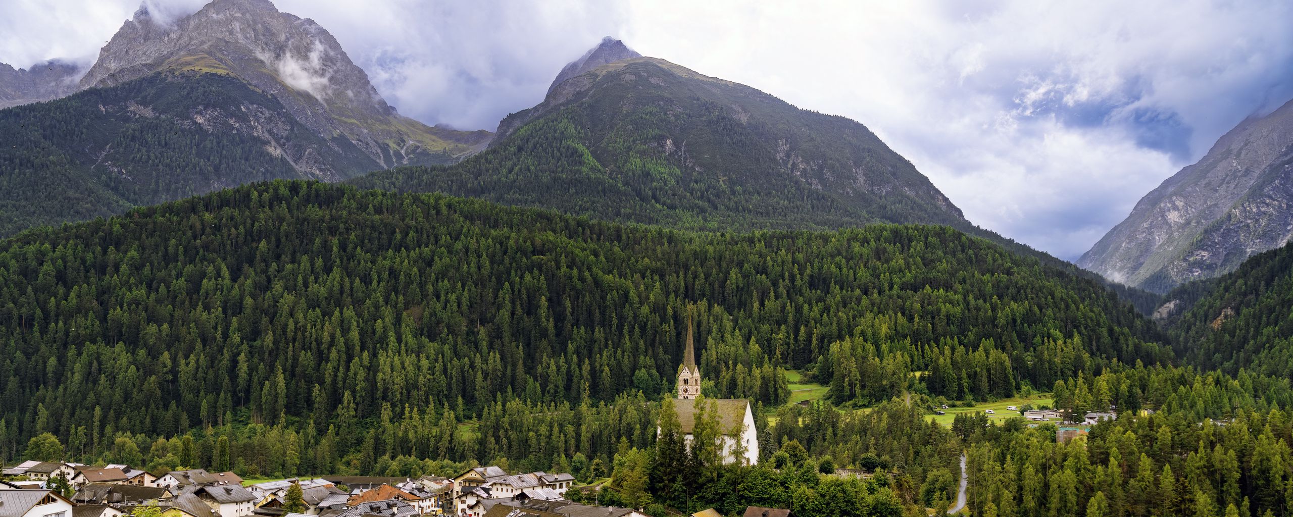 2560x1024 Wallpaper houses, trees, forest, mountains, hills, view