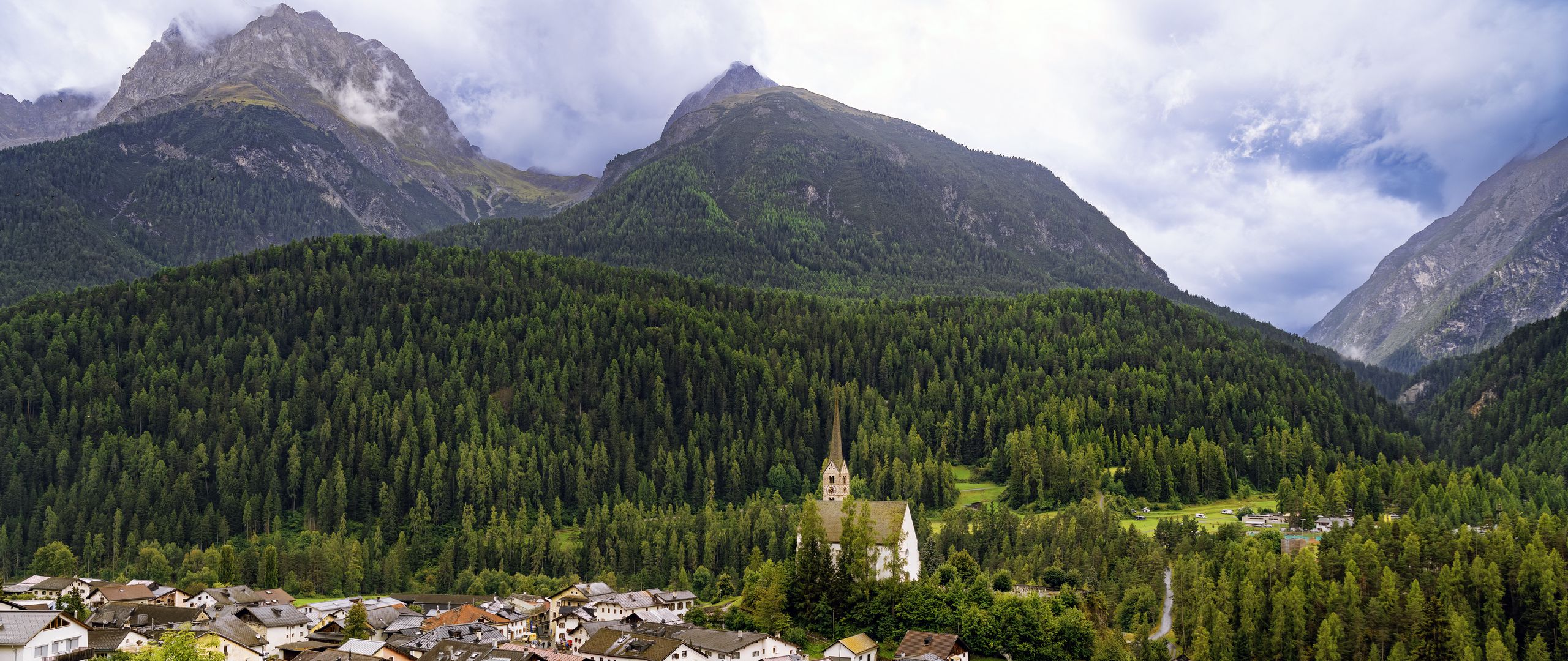 2560x1080 Wallpaper houses, trees, forest, mountains, hills, view