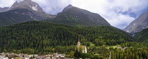 Preview wallpaper houses, trees, forest, mountains, hills, view