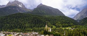 Preview wallpaper houses, trees, forest, mountains, hills, view