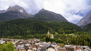 Preview wallpaper houses, trees, forest, mountains, hills, view