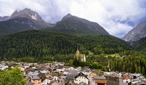 Preview wallpaper houses, trees, forest, mountains, hills, view