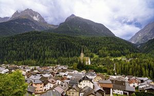 Preview wallpaper houses, trees, forest, mountains, hills, view