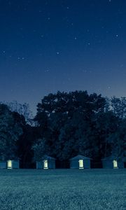 Preview wallpaper houses, trees, forest, grass, night