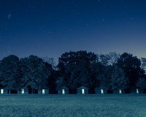 Preview wallpaper houses, trees, forest, grass, night