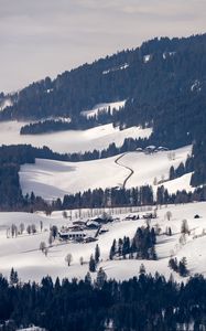 Preview wallpaper houses, trees, road, mountain, snow, winter