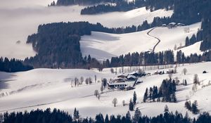 Preview wallpaper houses, trees, road, mountain, snow, winter