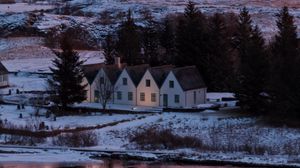 Preview wallpaper houses, trees, winter, field, mountains