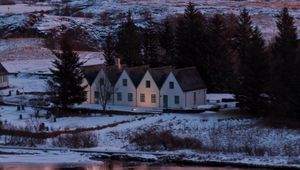 Preview wallpaper houses, trees, winter, field, mountains