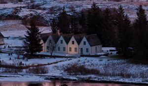 Preview wallpaper houses, trees, winter, field, mountains