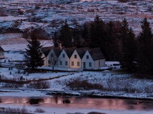 Preview wallpaper houses, trees, winter, field, mountains