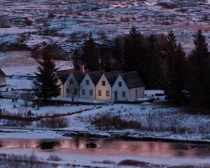 Preview wallpaper houses, trees, winter, field, mountains