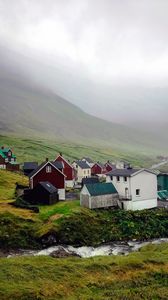 Preview wallpaper houses, valley, fog, mountains