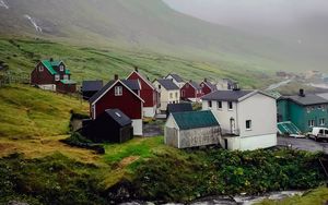 Preview wallpaper houses, valley, fog, mountains