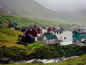 Preview wallpaper houses, valley, fog, mountains